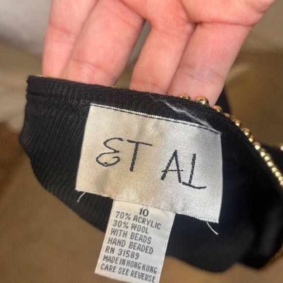 Vintage Et Al Beaded Wool Open V Back Black Dress Long Sleeve Uptown Gold - Picture 9 of 9